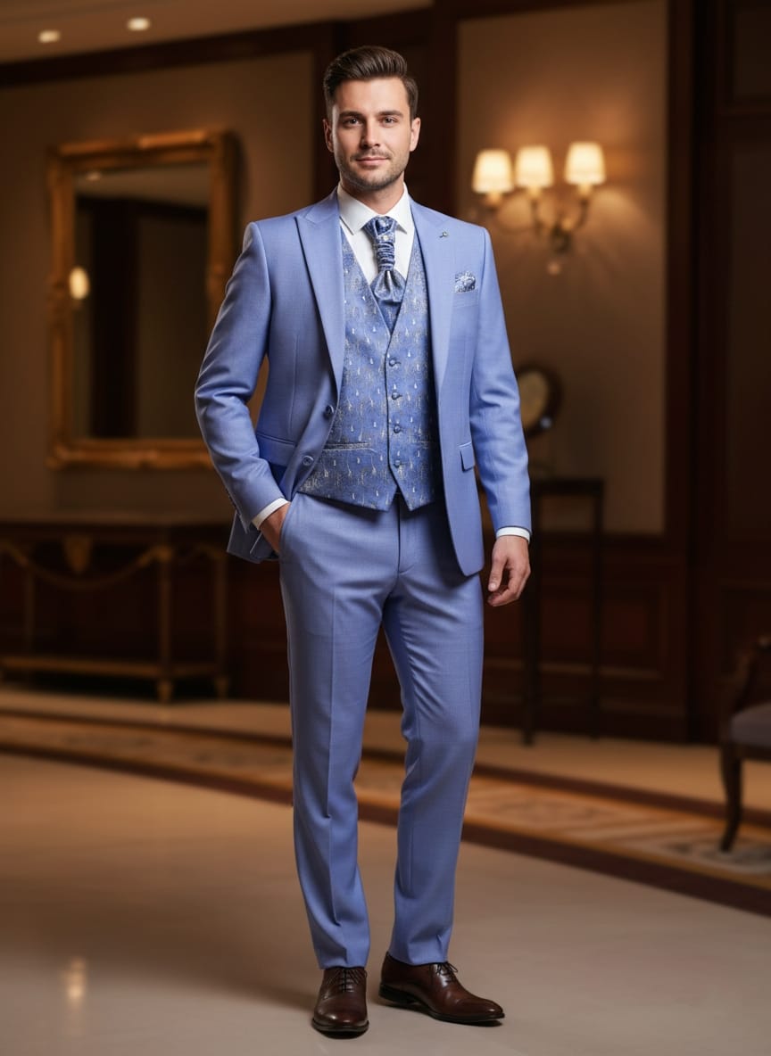 Abito slim elegante con gilet e cravattone celeste