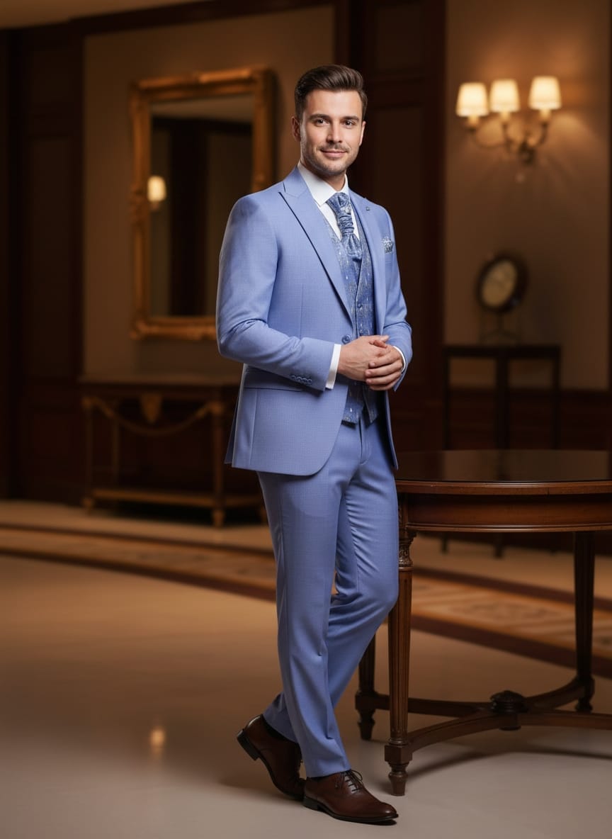 Abito slim elegante con gilet e cravattone celeste