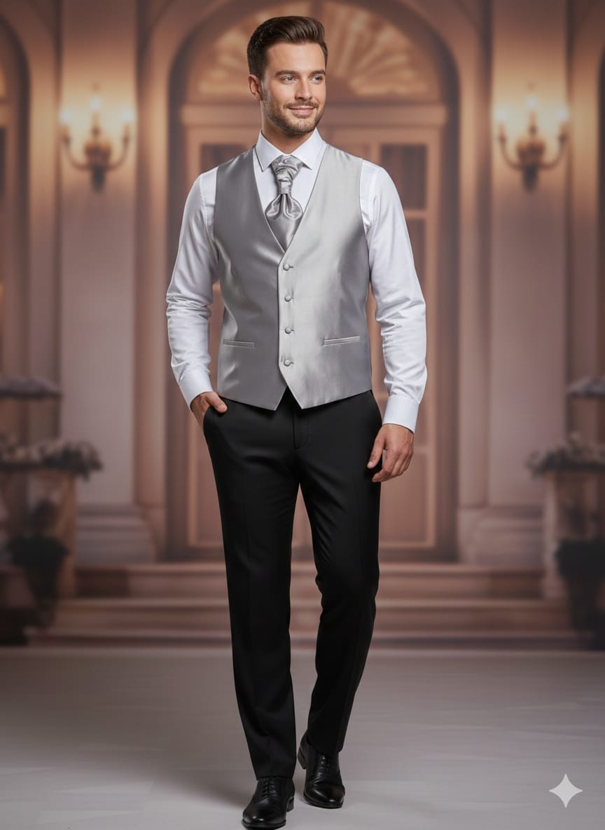 Abito completo elegante con gilet e cravattone art damascato nero