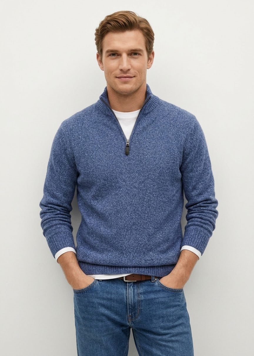Maglia mezza zip tinta unita mouliné blu 823