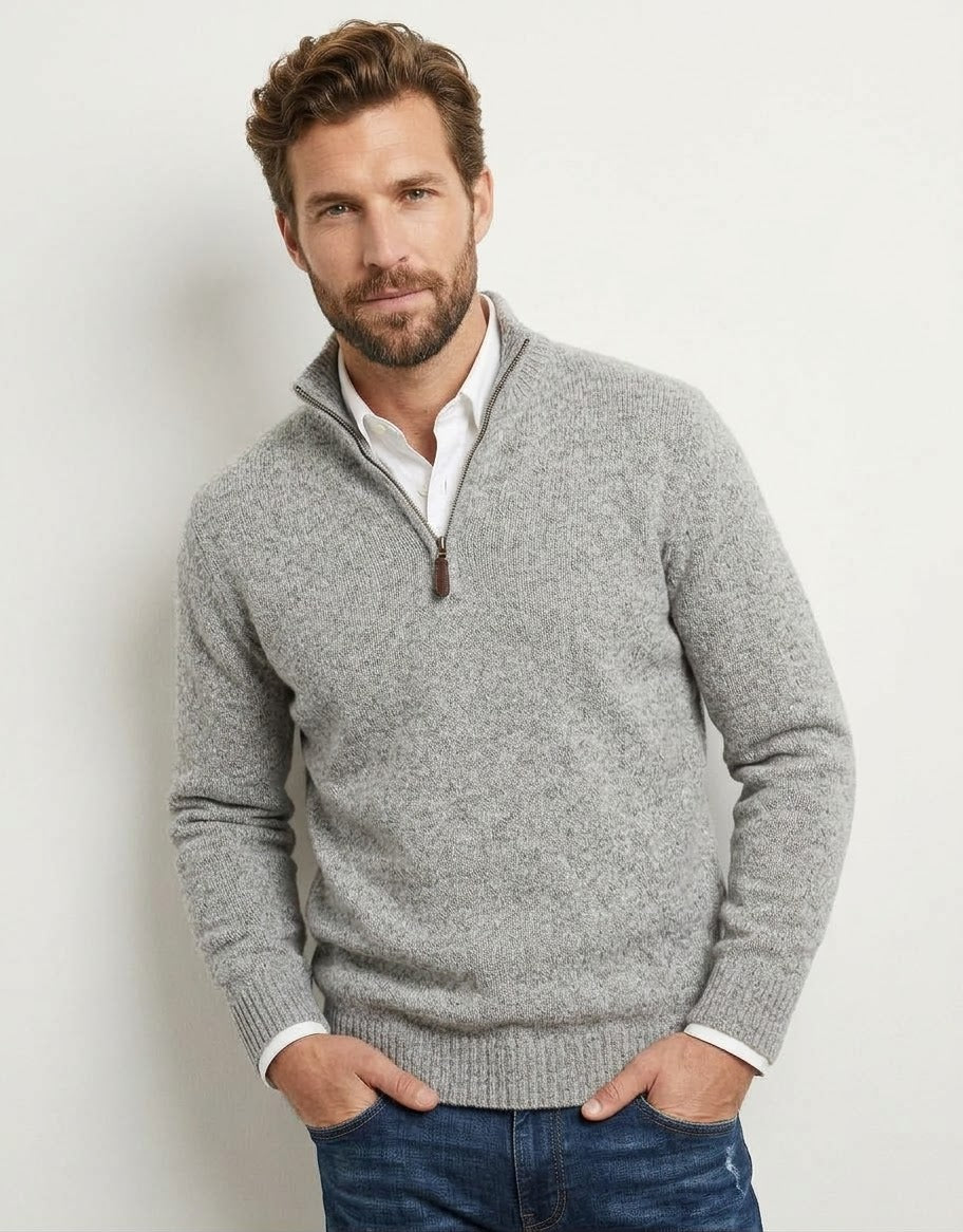 Maglia mezza zip tinta unita mouliné grigio perla 823