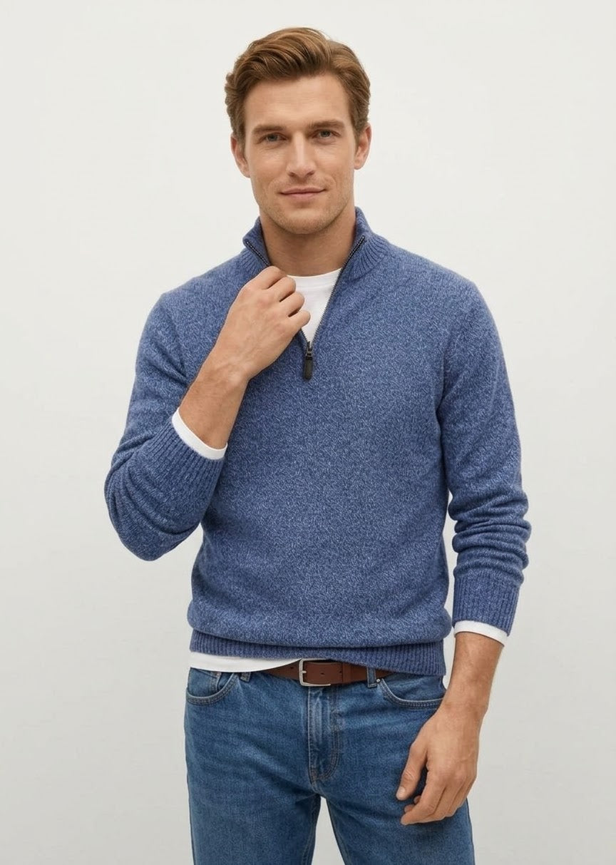 Maglia mezza zip tinta unita mouliné blu 823