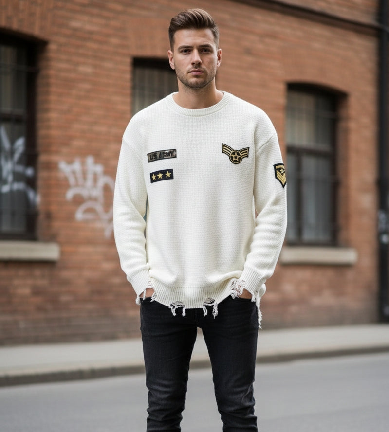 Maglia girocollo con patch e rotture art 196 bianco panna