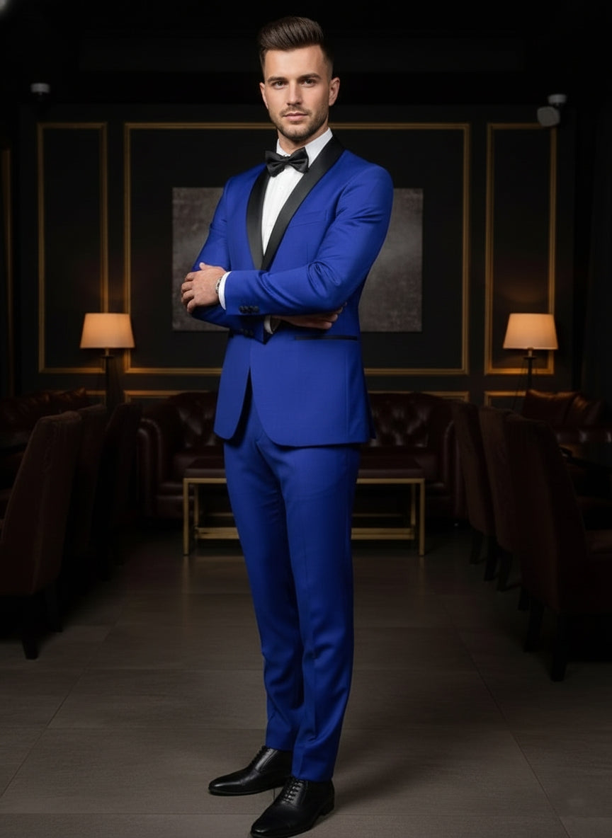 Abito smoking giacca e pantalone azzurro elettrico
