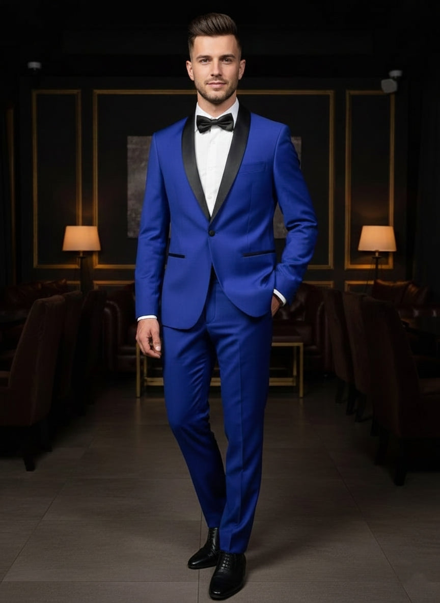 Abito smoking giacca e pantalone azzurro elettrico