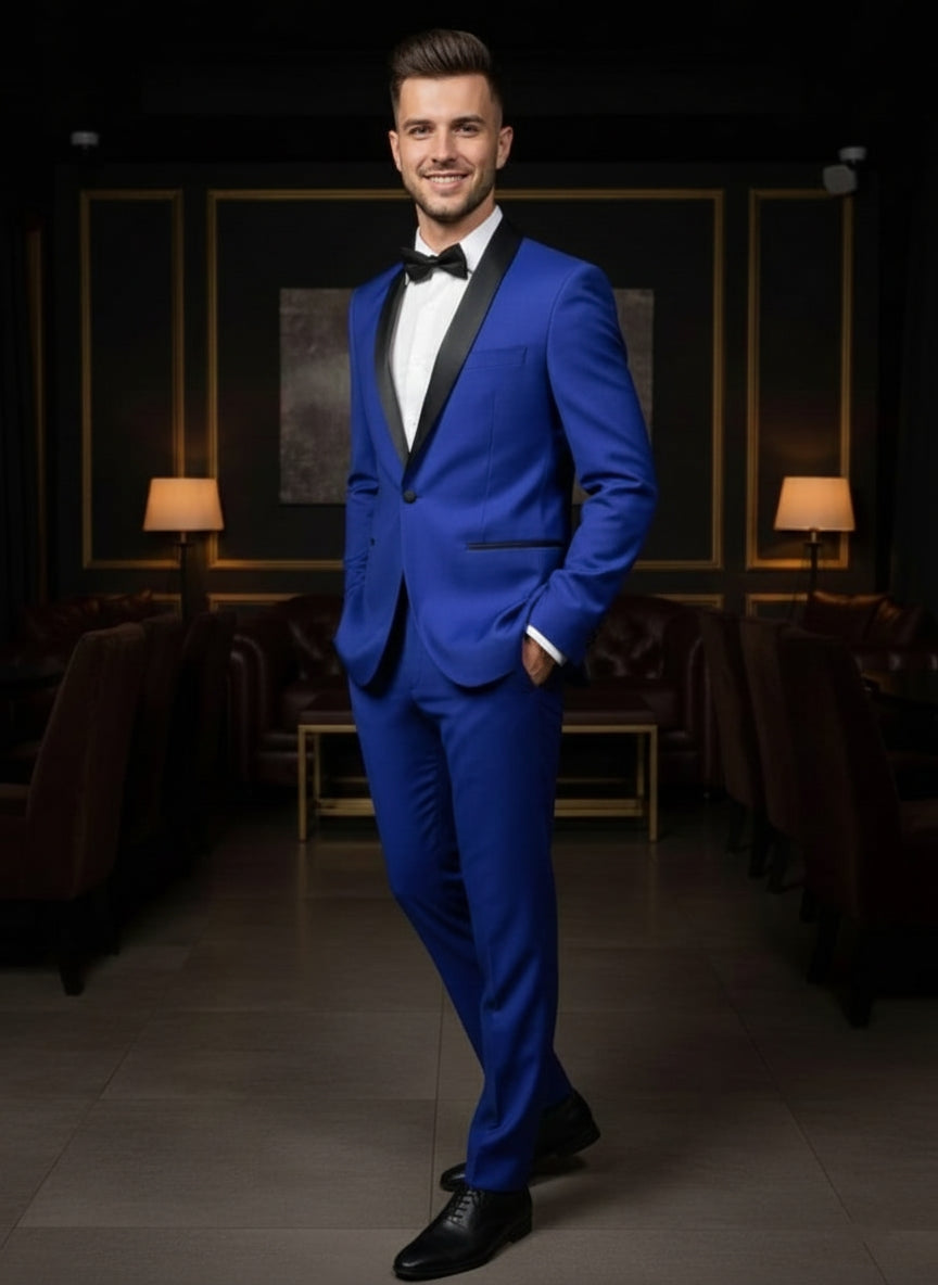 Abito smoking giacca e pantalone azzurro elettrico