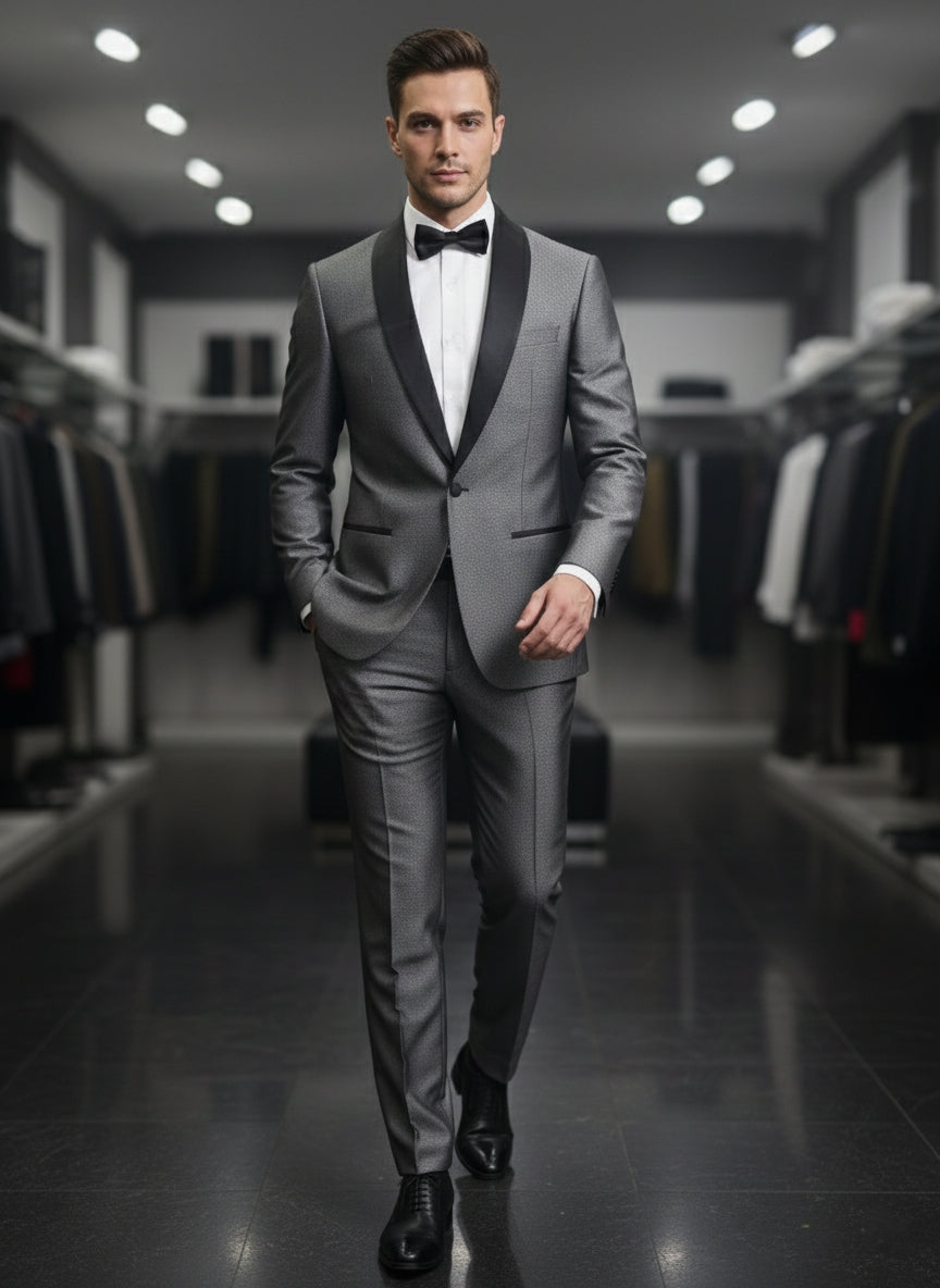 Abito completo giacca e pantalone smoking micro fantasia grigio scuro