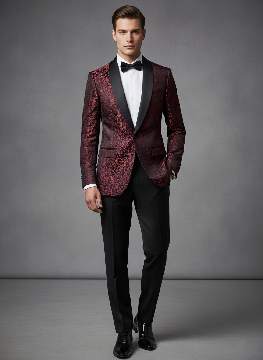 Abito completo giacca e pantalone smoking damascato bordeaux