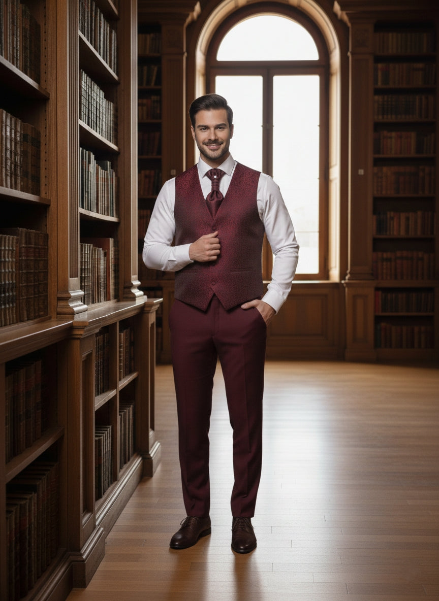 Abito completo elegante con gilet e cravattone art smoking bordeaux