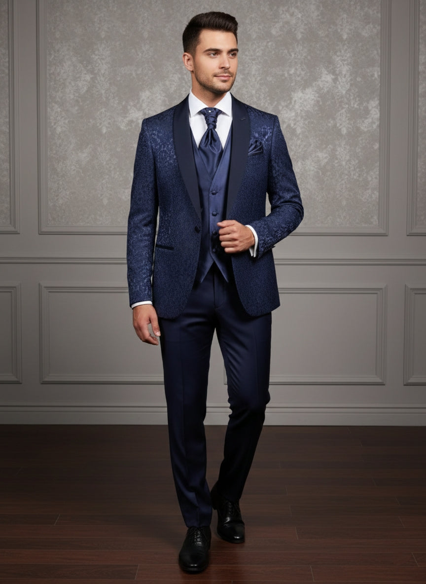 Abito completo elegante con gilet e cravattone art smoking damascato blu