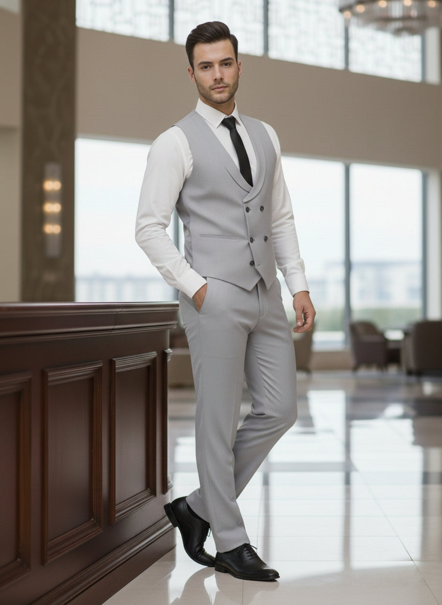 Abito completo giacca pantalone e gilet grigio chiaro dandy