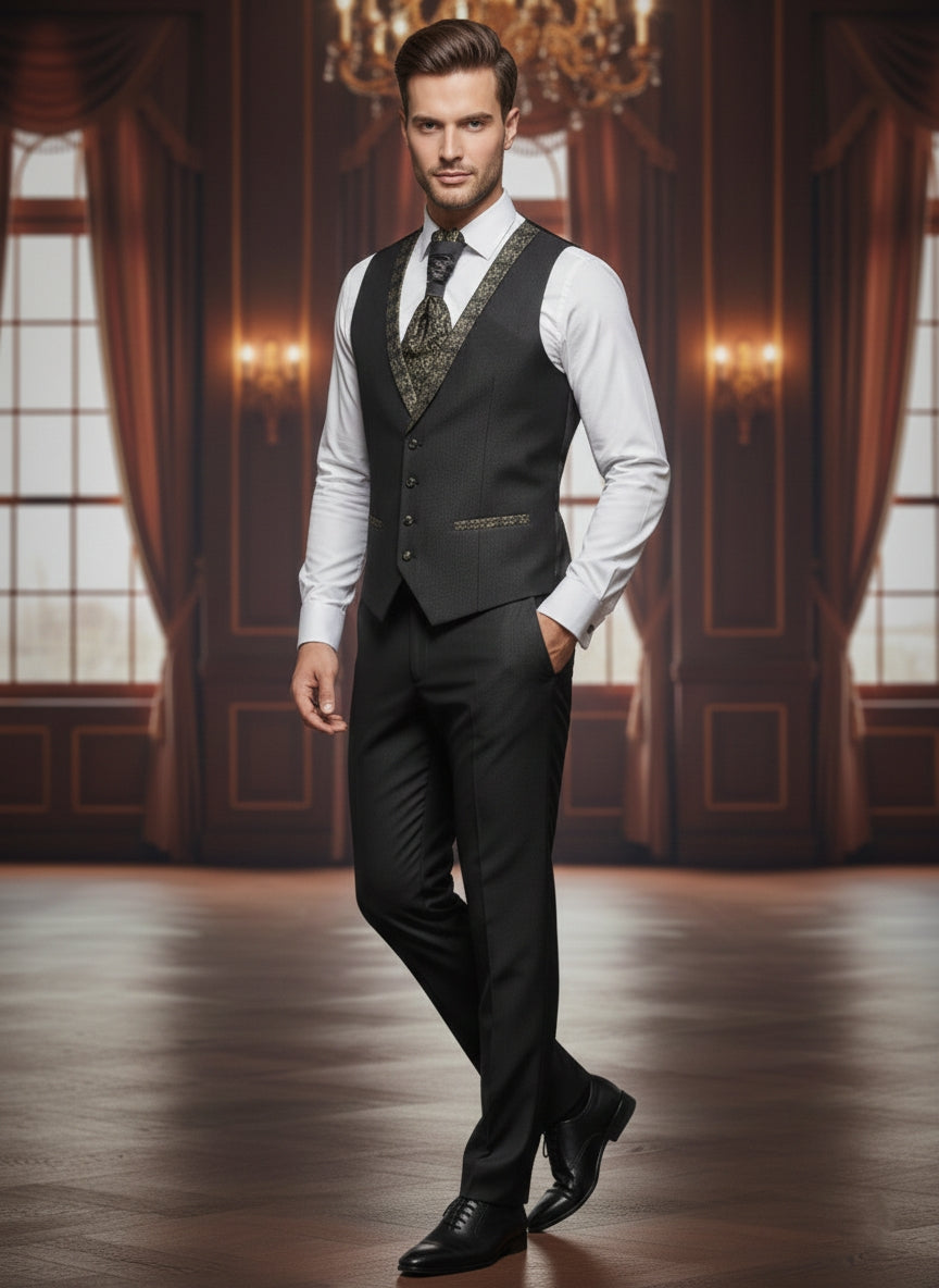Abito completo elegante con gilet e cravattone art smoking nero e oro