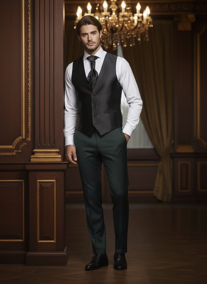Abito completo elegante con gilet e cravattone art smoking verde scuro
