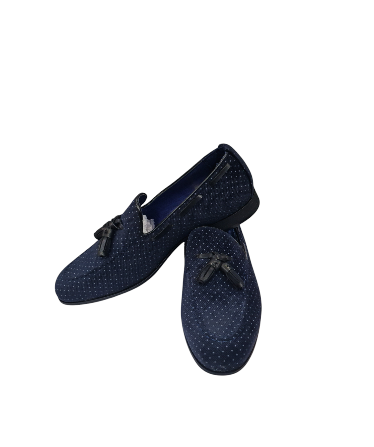 Mocassino elegante con nappine art vellutato a pois blu scuro