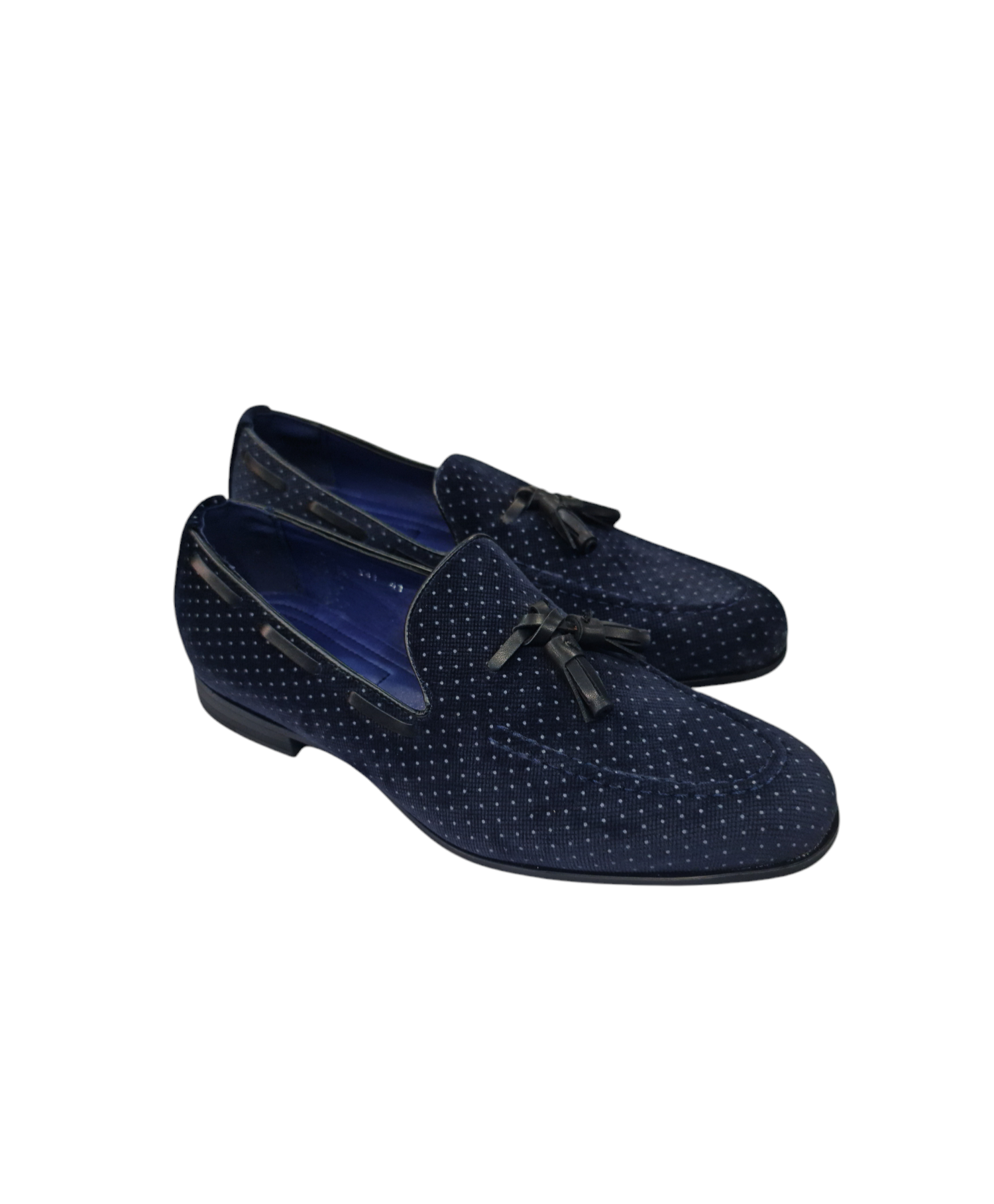 Mocassino elegante con nappine art vellutato a pois blu scuro