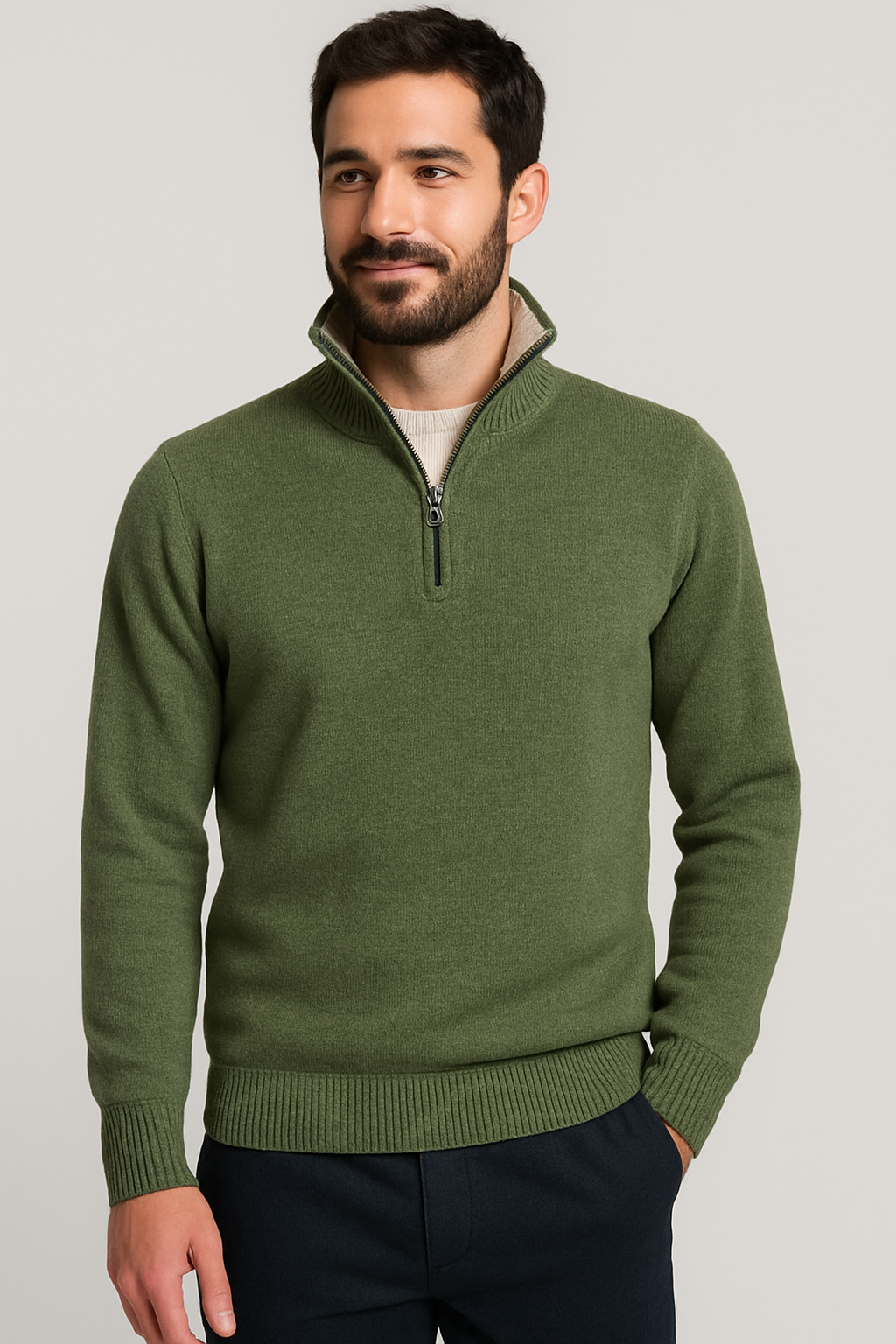 Maglione tinta unita con mezza zip frontale verde