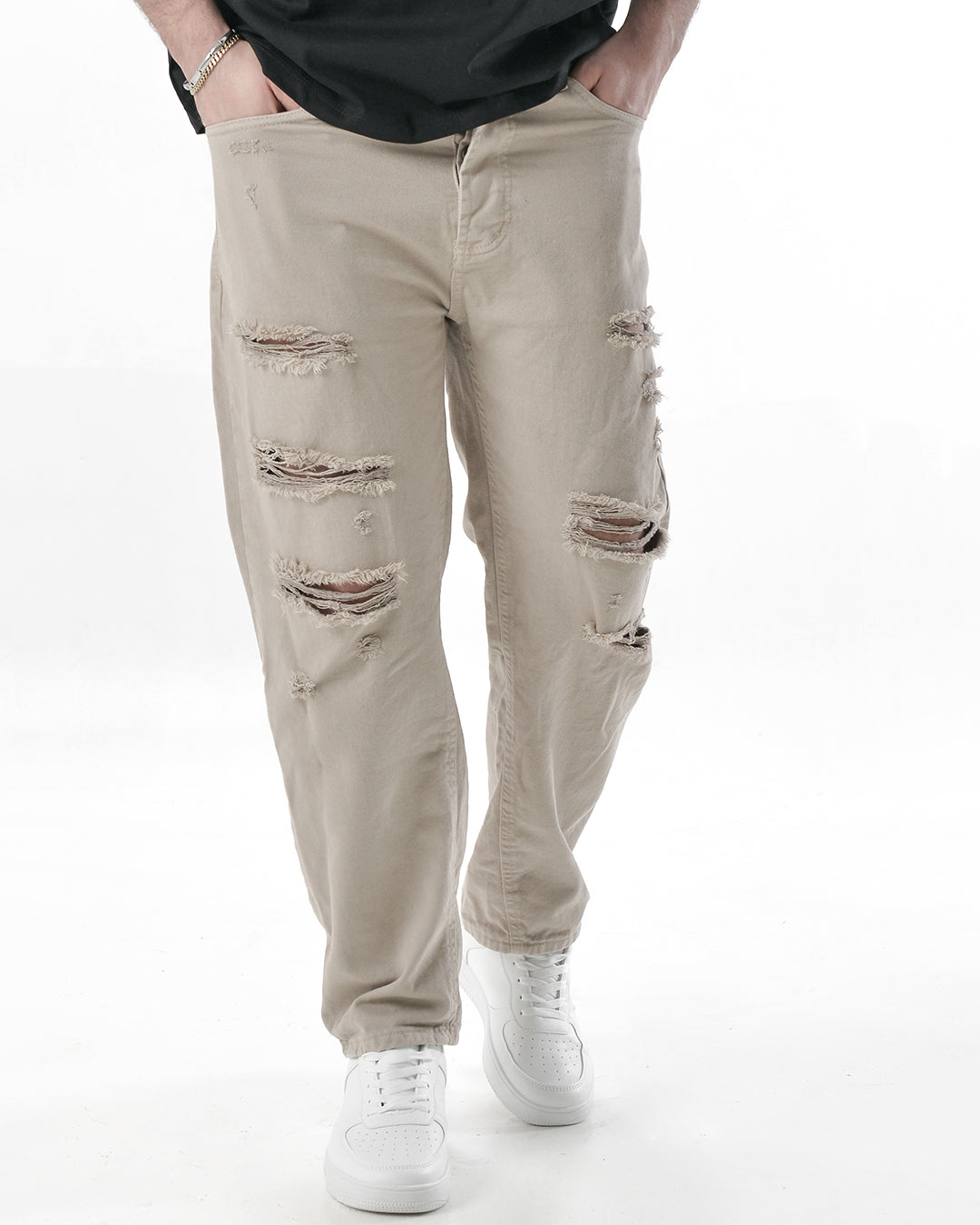 Jeans loose fit con strappi beige ck22