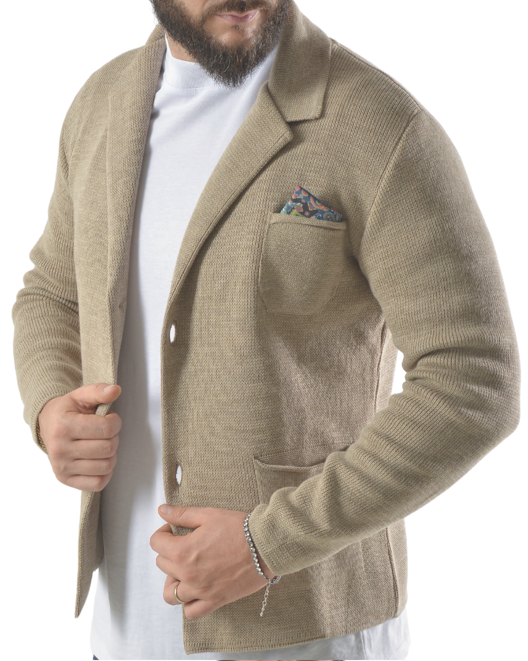 Cardigan taglio giacca con pochette art 2024 beige