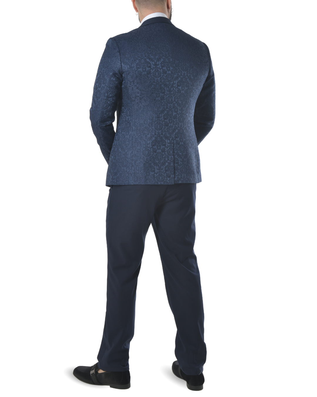 Abito completo elegante con gilet e cravattone art smoking damascato blu