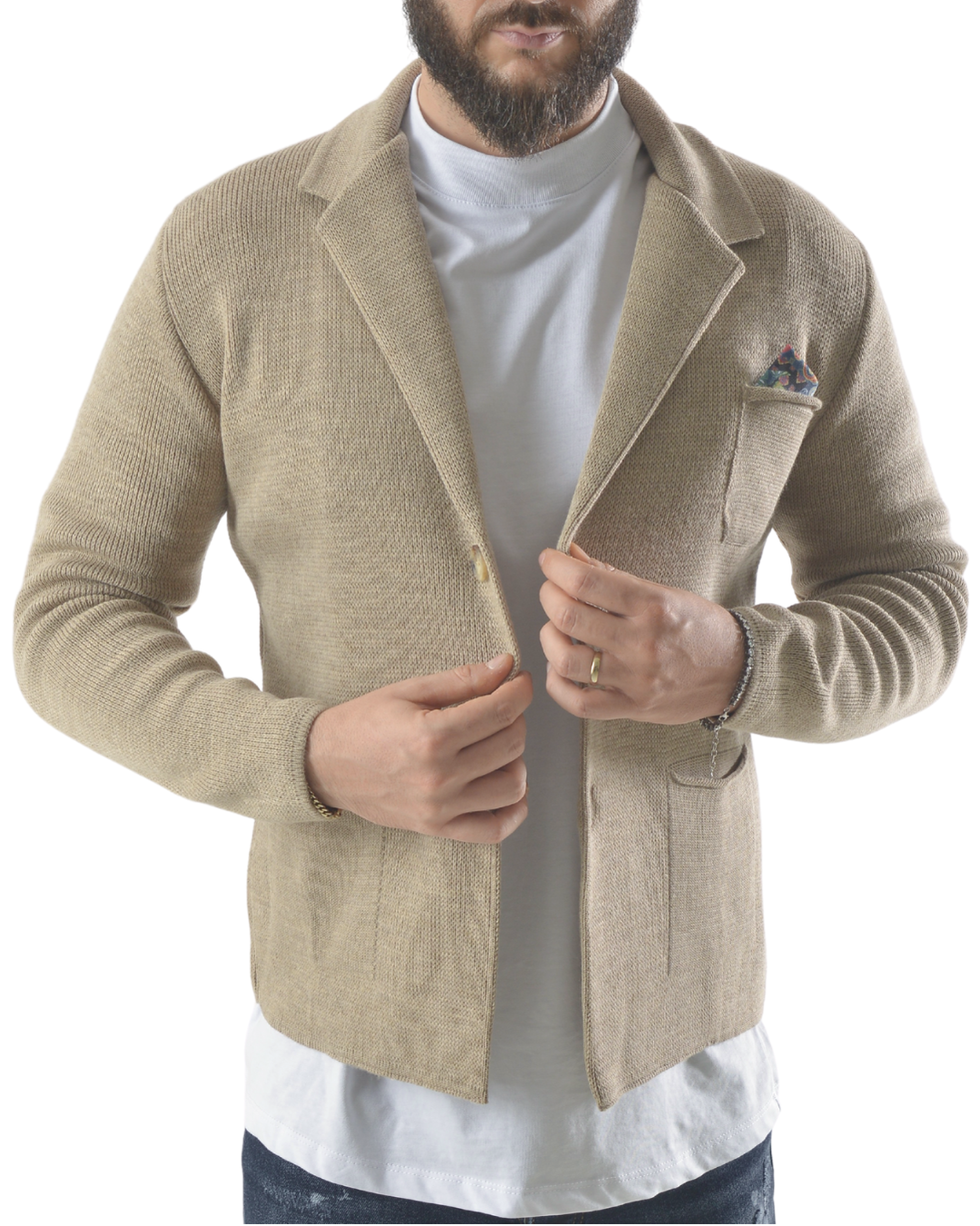 Cardigan taglio giacca con pochette art 2024 beige