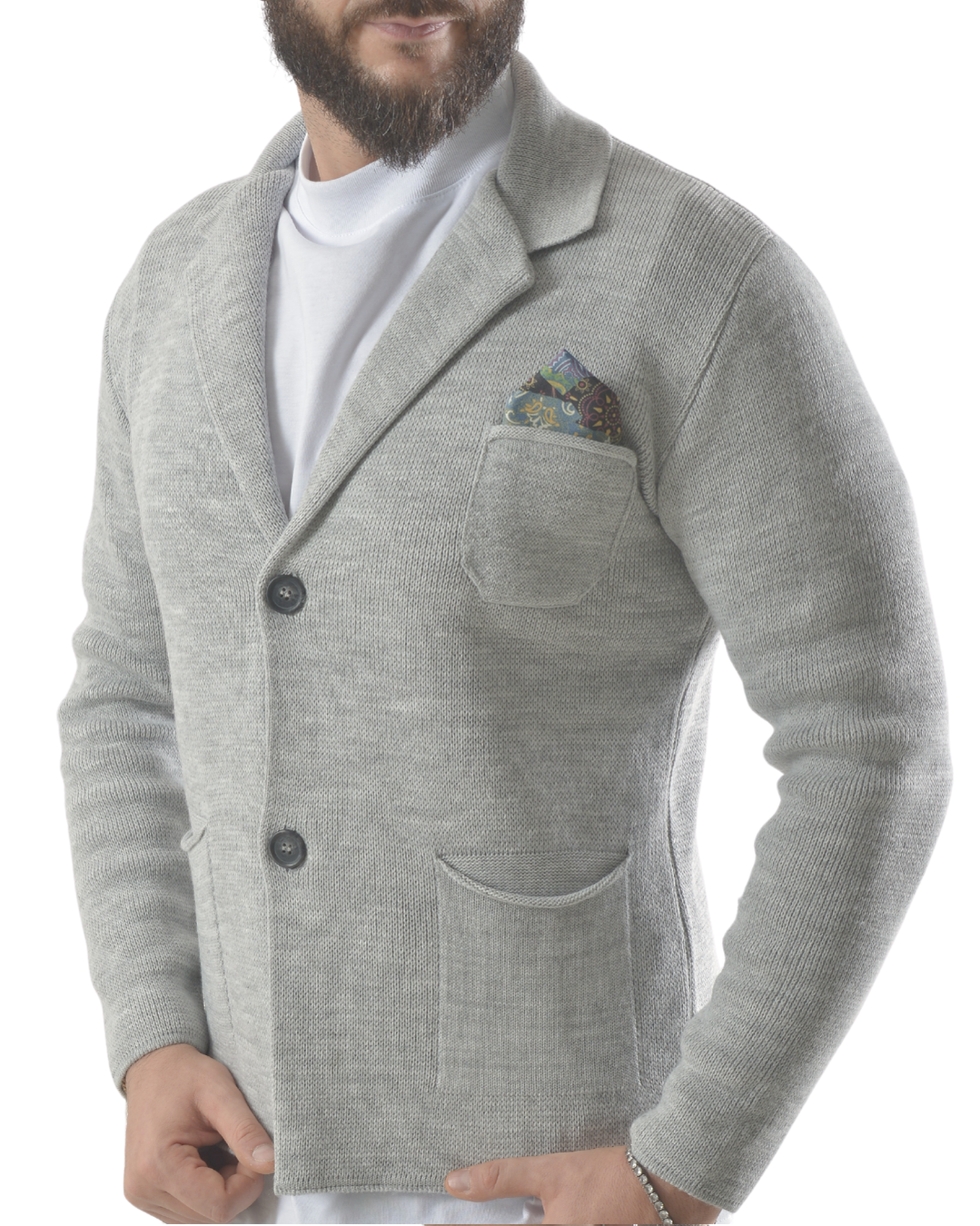 Cardigan taglio giacca con pochette art 2024 grigia