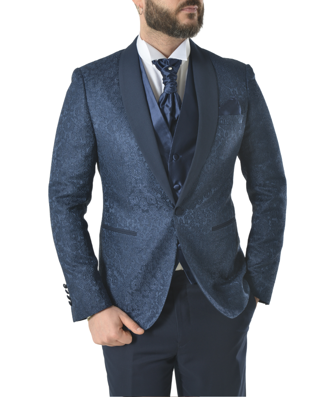 Abito completo elegante con gilet e cravattone art smoking damascato blu