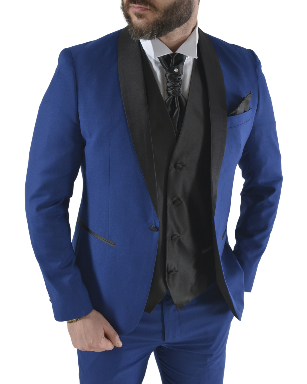 Abito completo elegante con gilet e cravattone art smoking azzurro elettrico