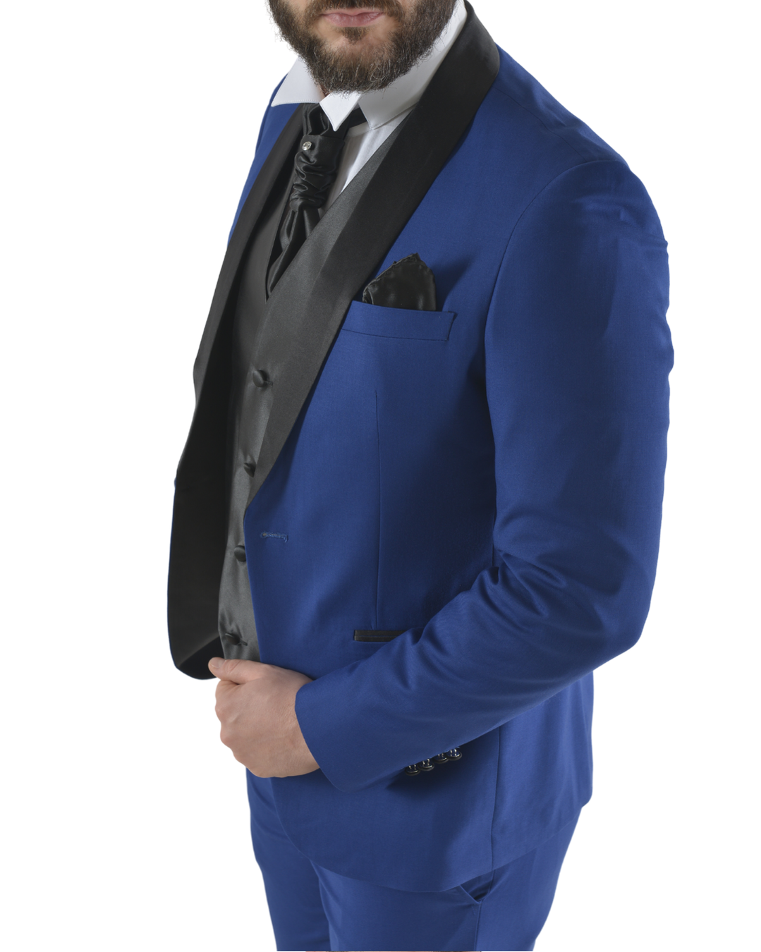 Abito completo elegante con gilet e cravattone art smoking azzurro elettrico
