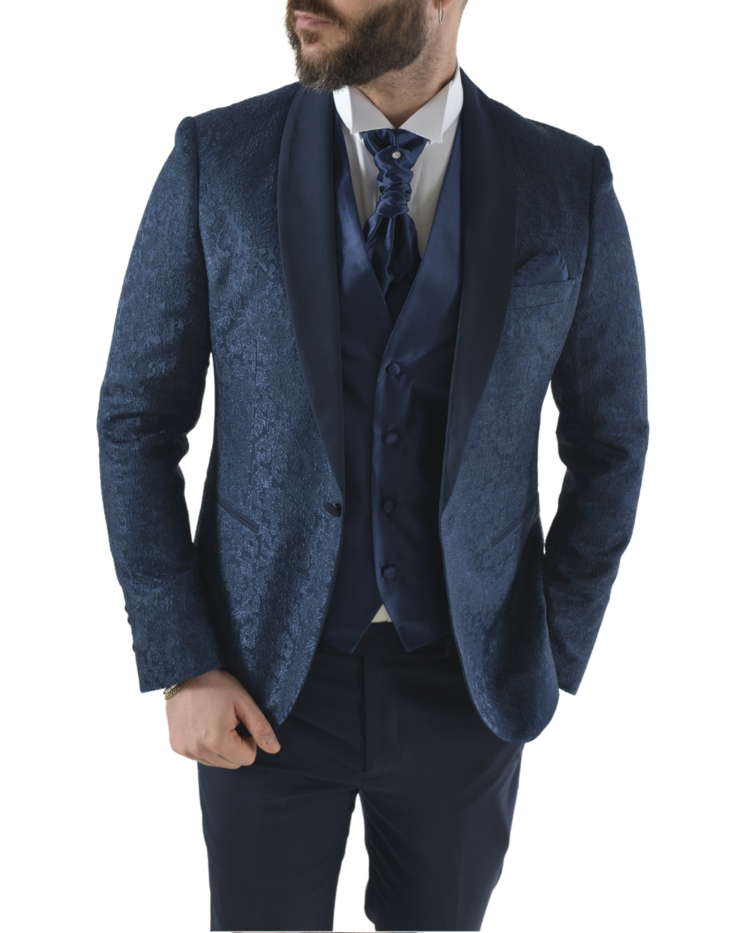 Abito completo elegante con gilet e cravattone art smoking damascato blu