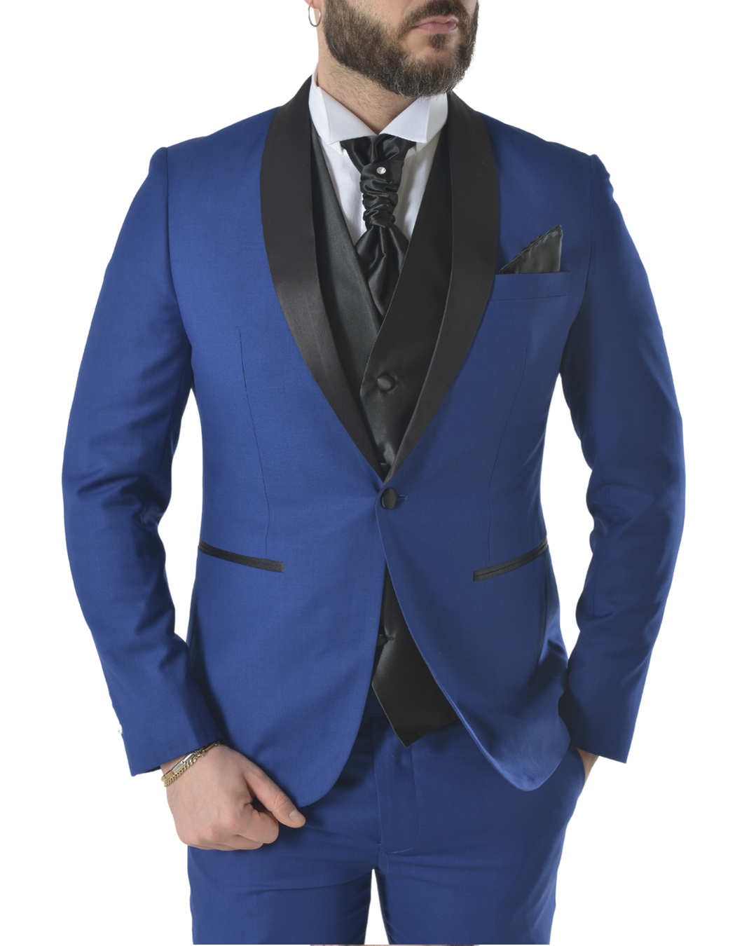 Abito completo elegante con gilet e cravattone art smoking azzurro elettrico