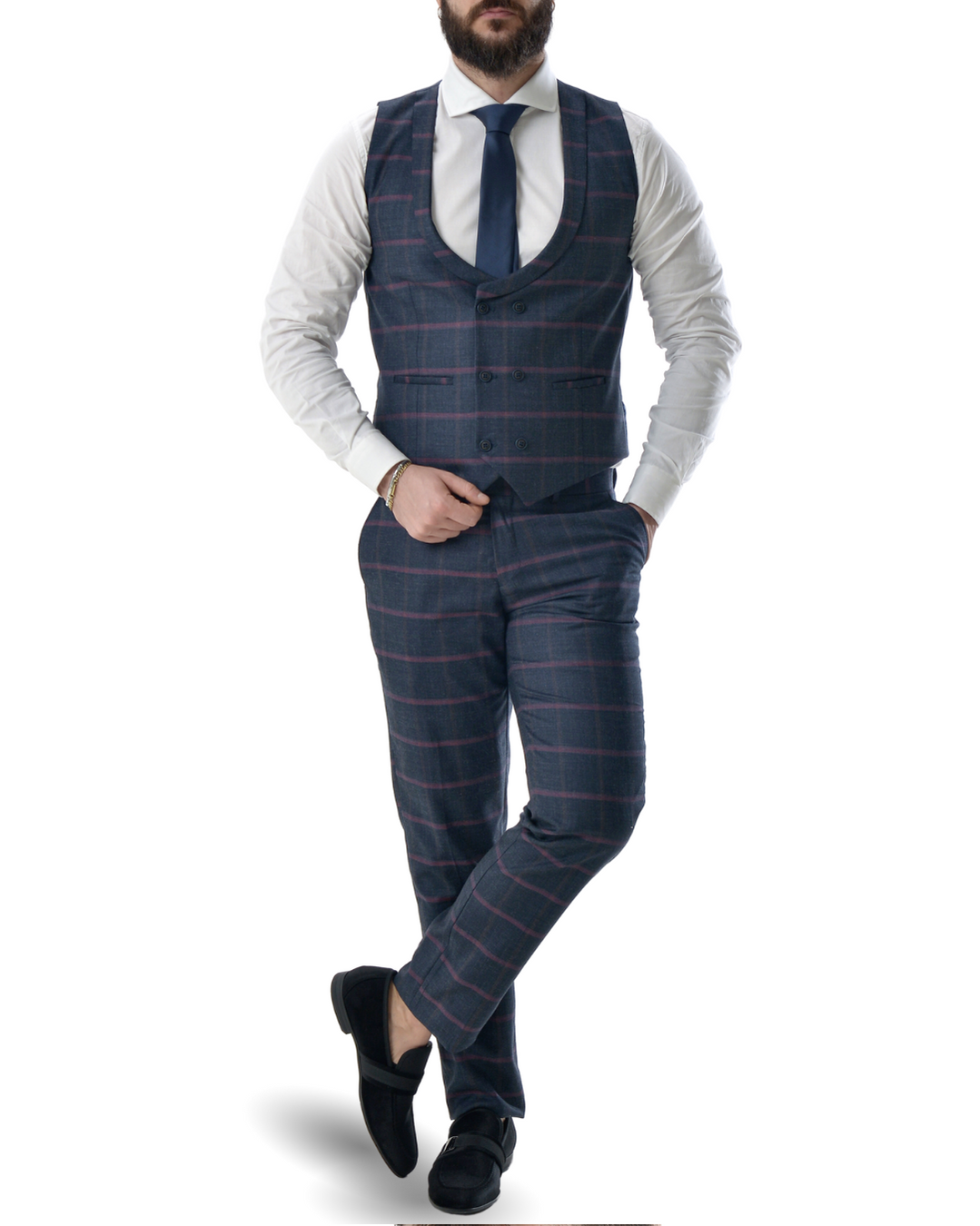 Abito completo giacca pantalone e gilet blu quadro dandy