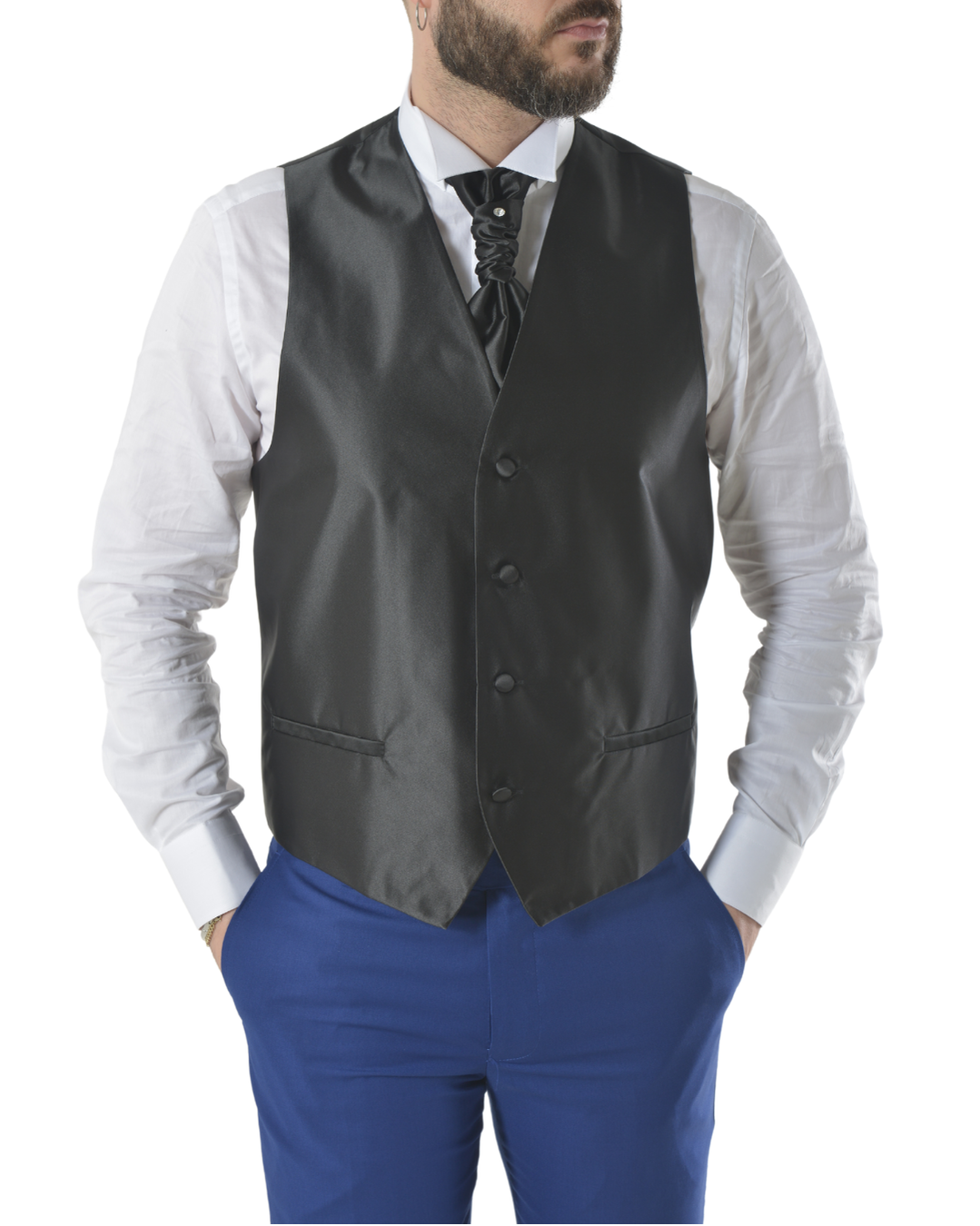 Abito completo elegante con gilet e cravattone art smoking azzurro elettrico