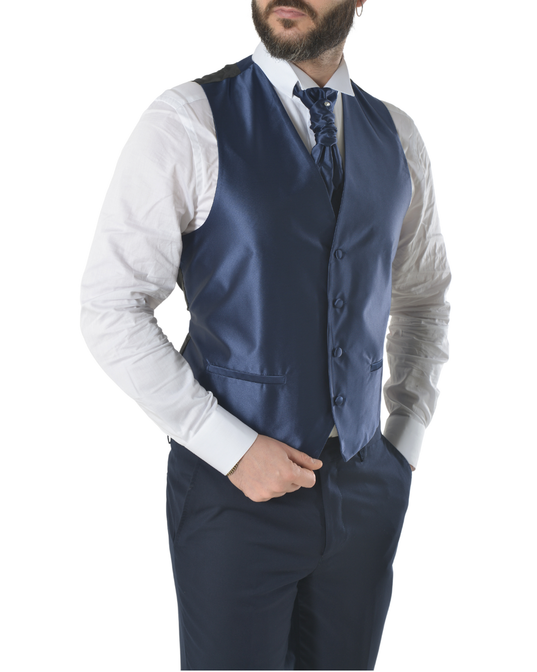 Abito completo elegante con gilet e cravattone art smoking damascato blu