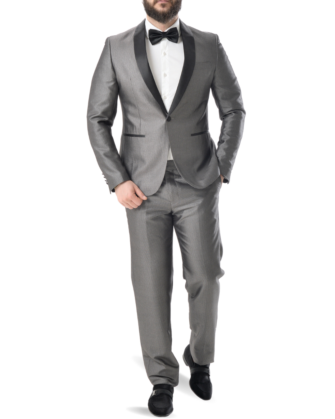 Abito completo giacca e pantalone smoking micro fantasia grigio scuro