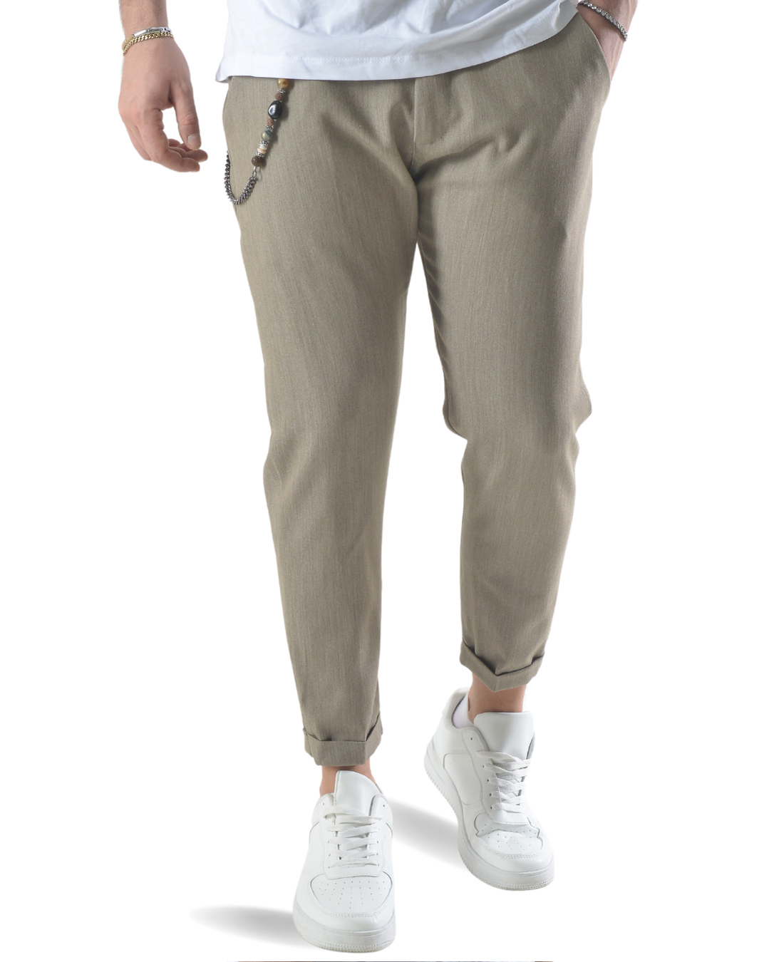 Pantalone elegante capri con catenella laterale art 8095 beige