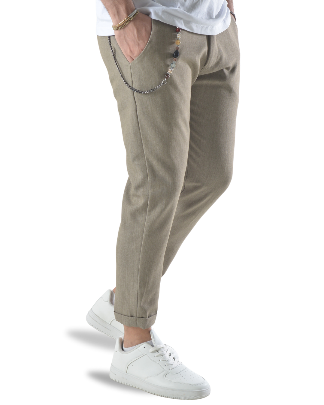 Pantalone elegante capri con catenella laterale art 8095 beige