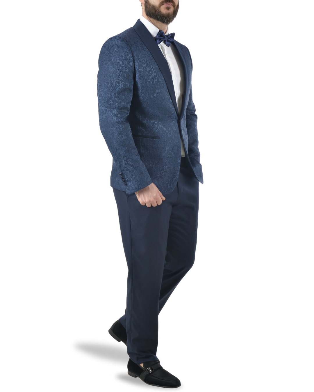 Abito completo giacca e pantalone smoking damascato blu