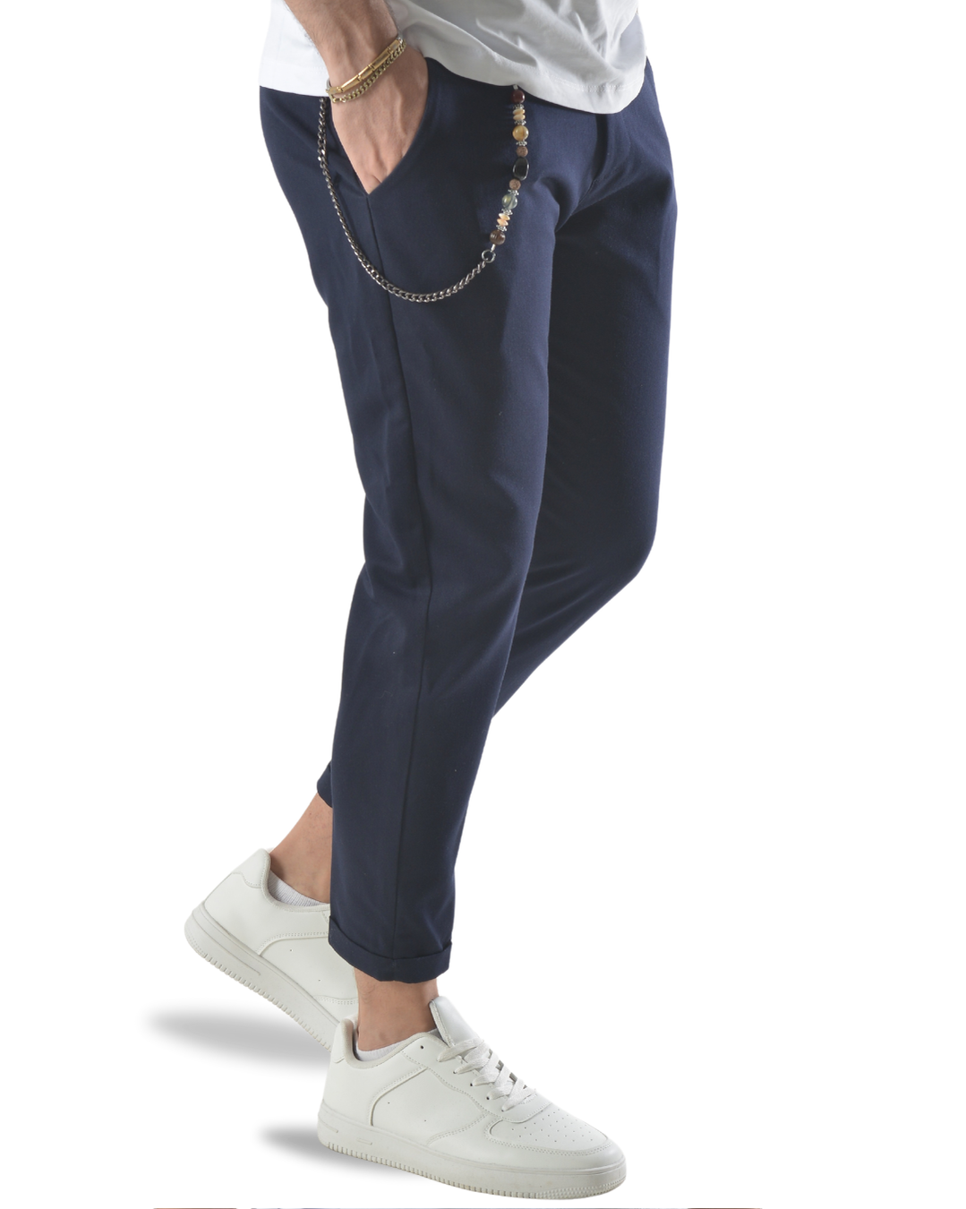 Pantalone elegante capri con catenella laterale art 8095 blu