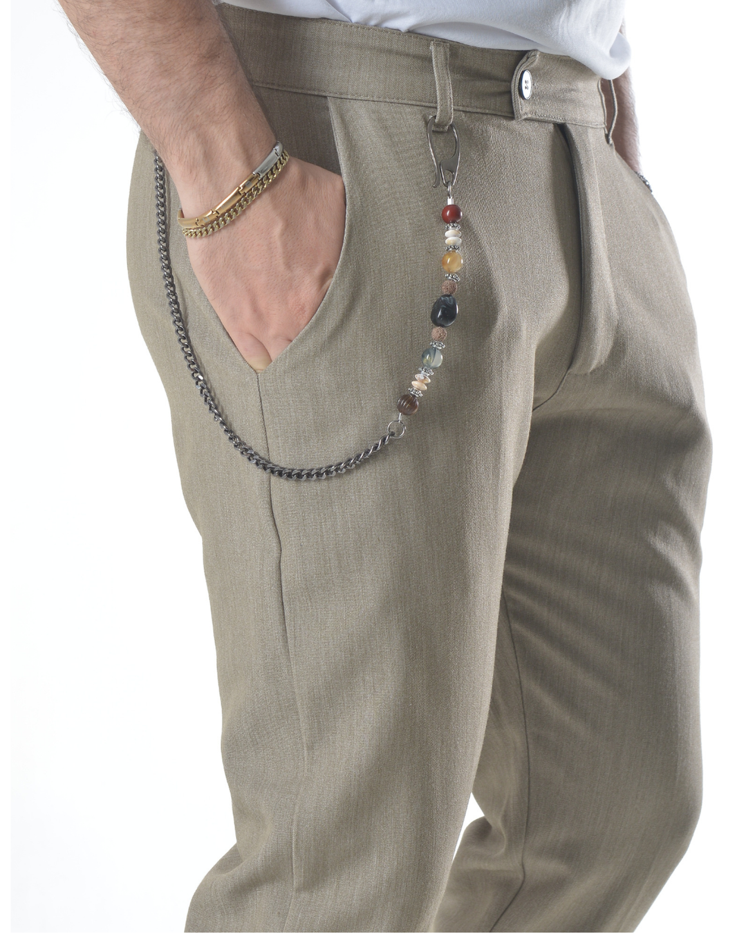 Pantalone elegante capri con catenella laterale art 8095 beige