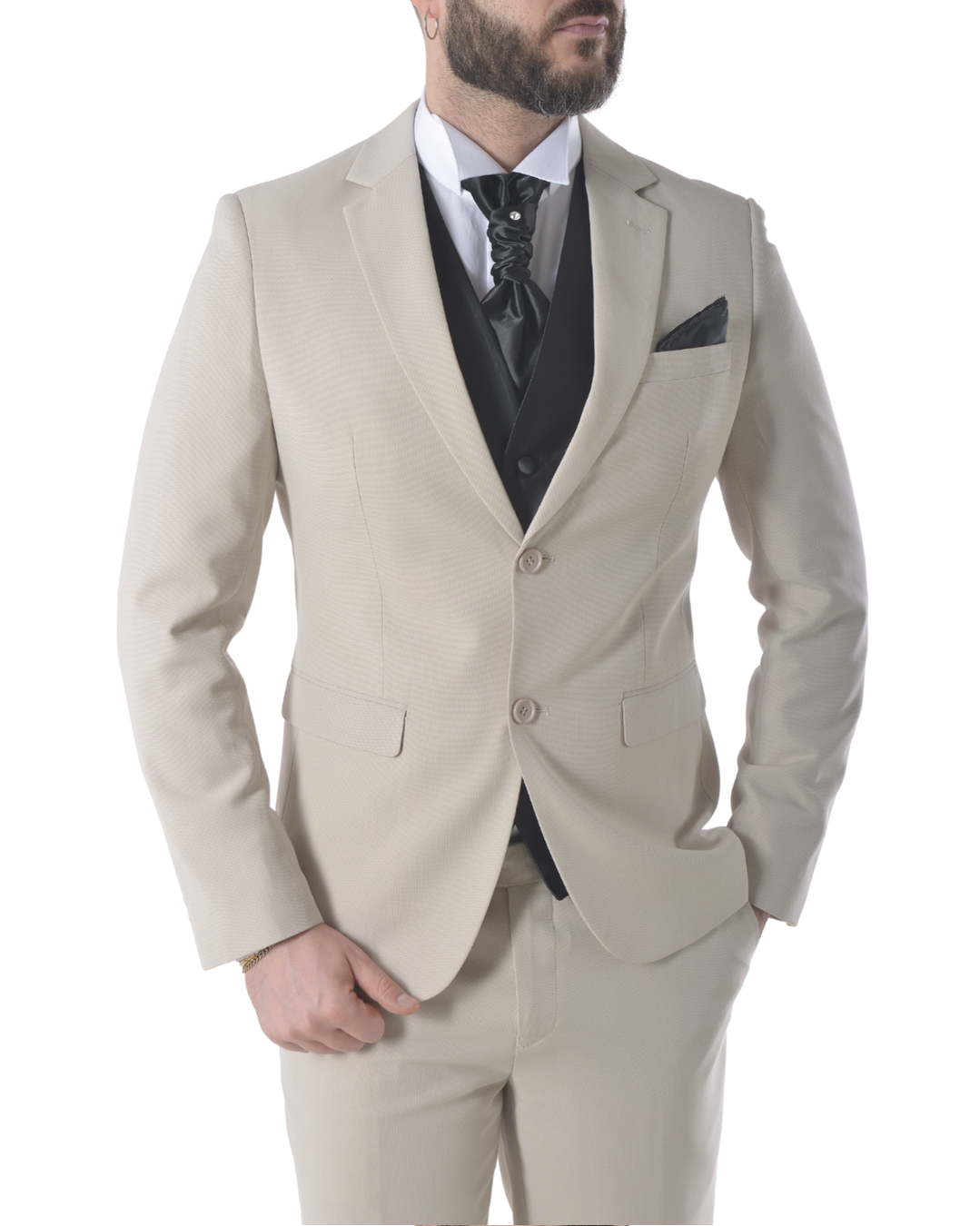 Abito completo elegante con gilet e cravattone art slim beige