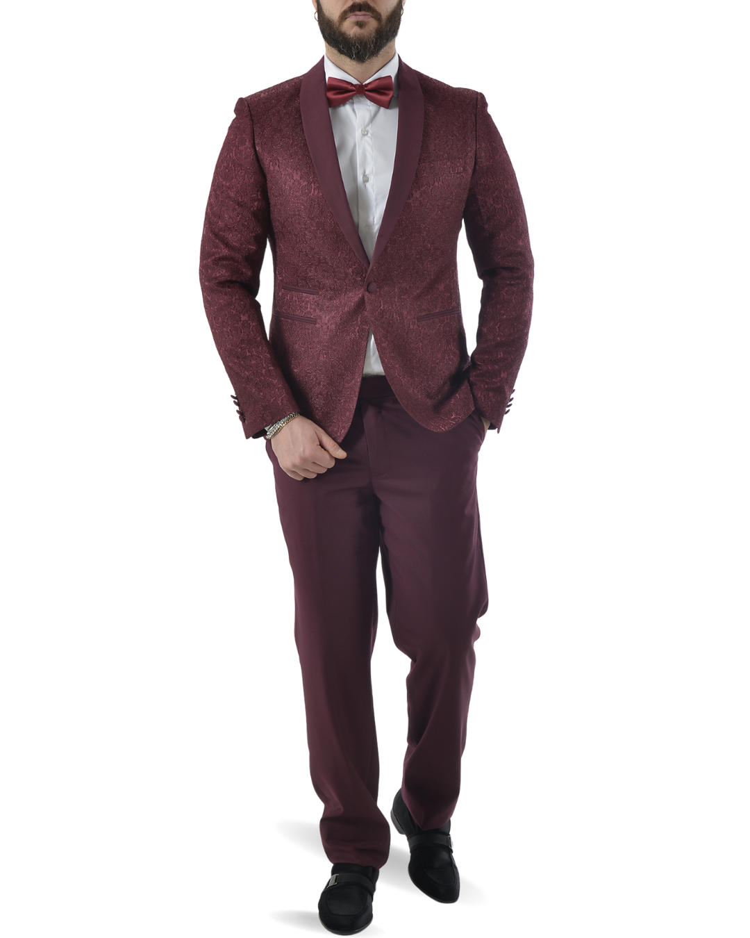 Abito completo giacca e pantalone smoking damascato bordeaux