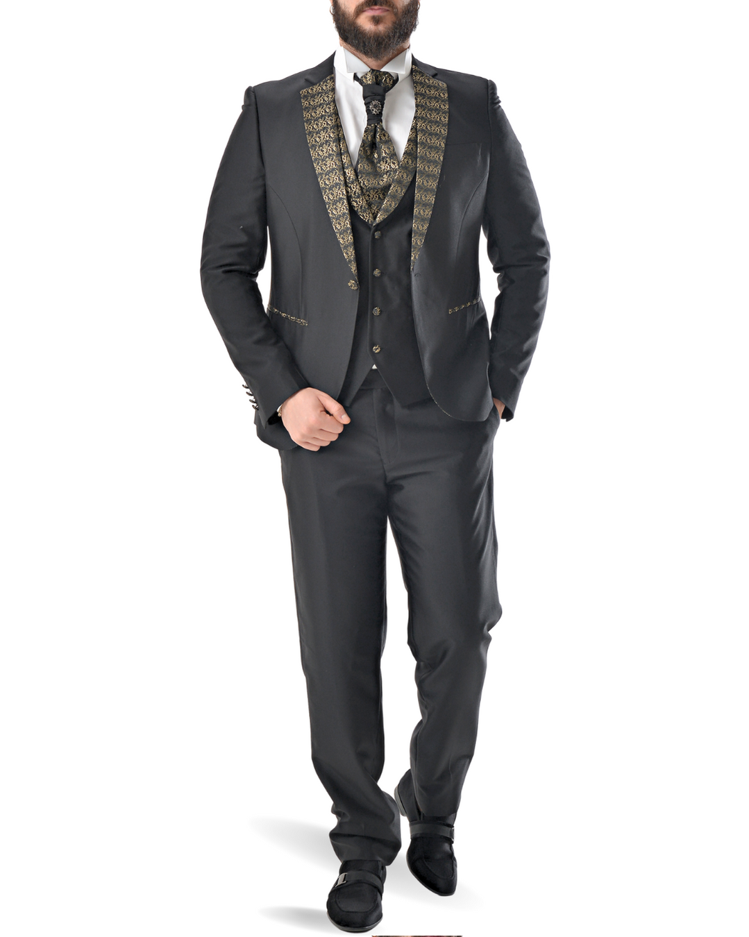 Abito completo giacca pantalone gilet e cravattone nero e oro