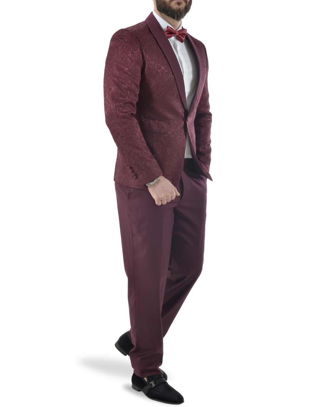 Abito completo giacca e pantalone smoking damascato bordeaux