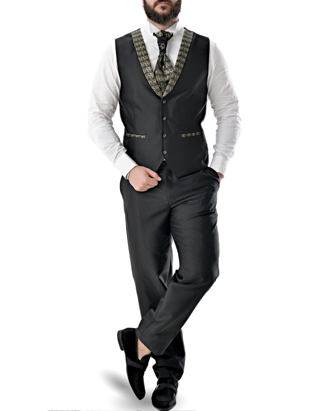 Abito completo giacca pantalone gilet e cravattone nero e oro