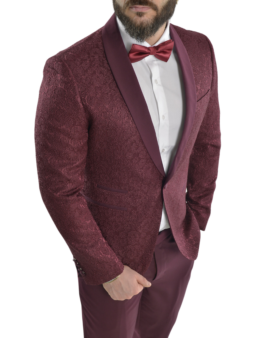 Abito completo giacca e pantalone smoking damascato bordeaux