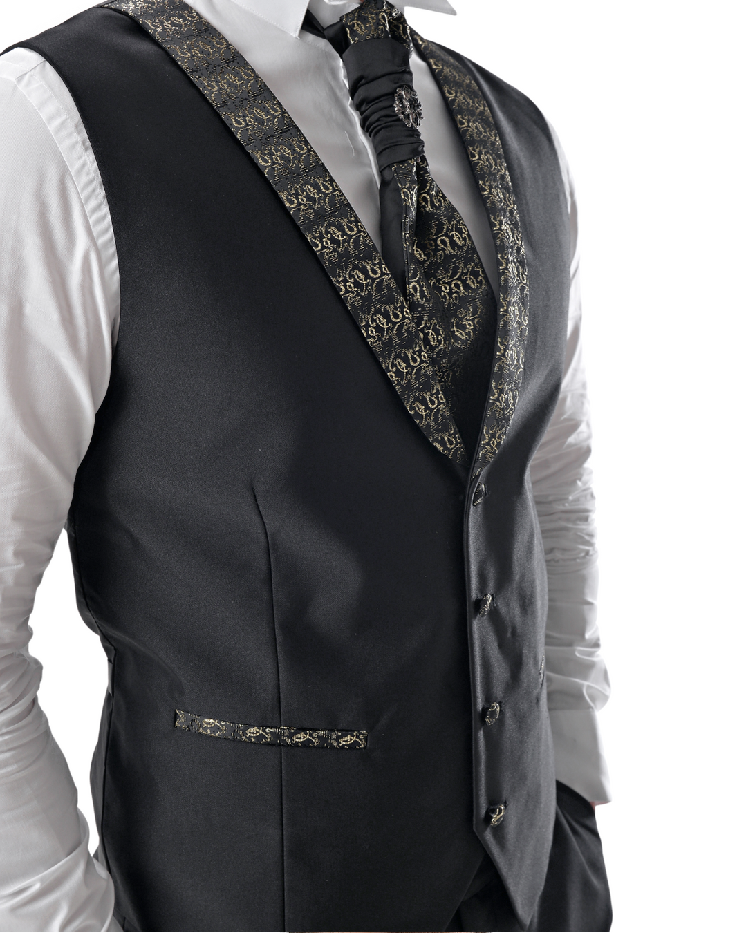 Abito completo giacca pantalone gilet e cravattone nero e oro