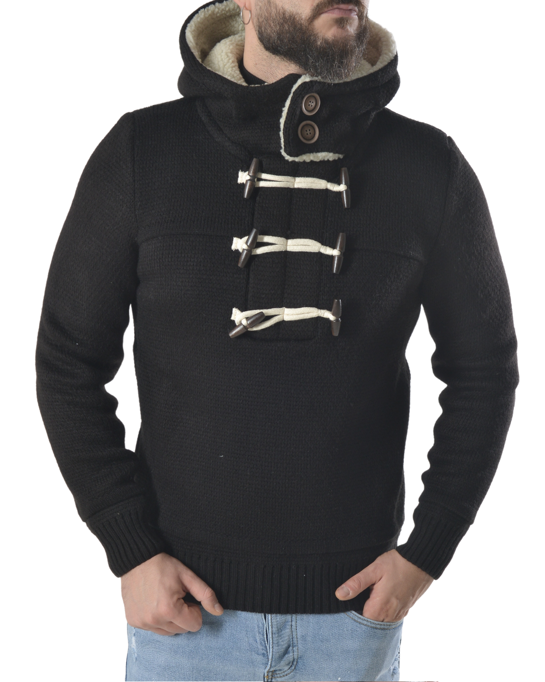 Maglia pesante con alamari e mezza zip frontale art 6555 nero