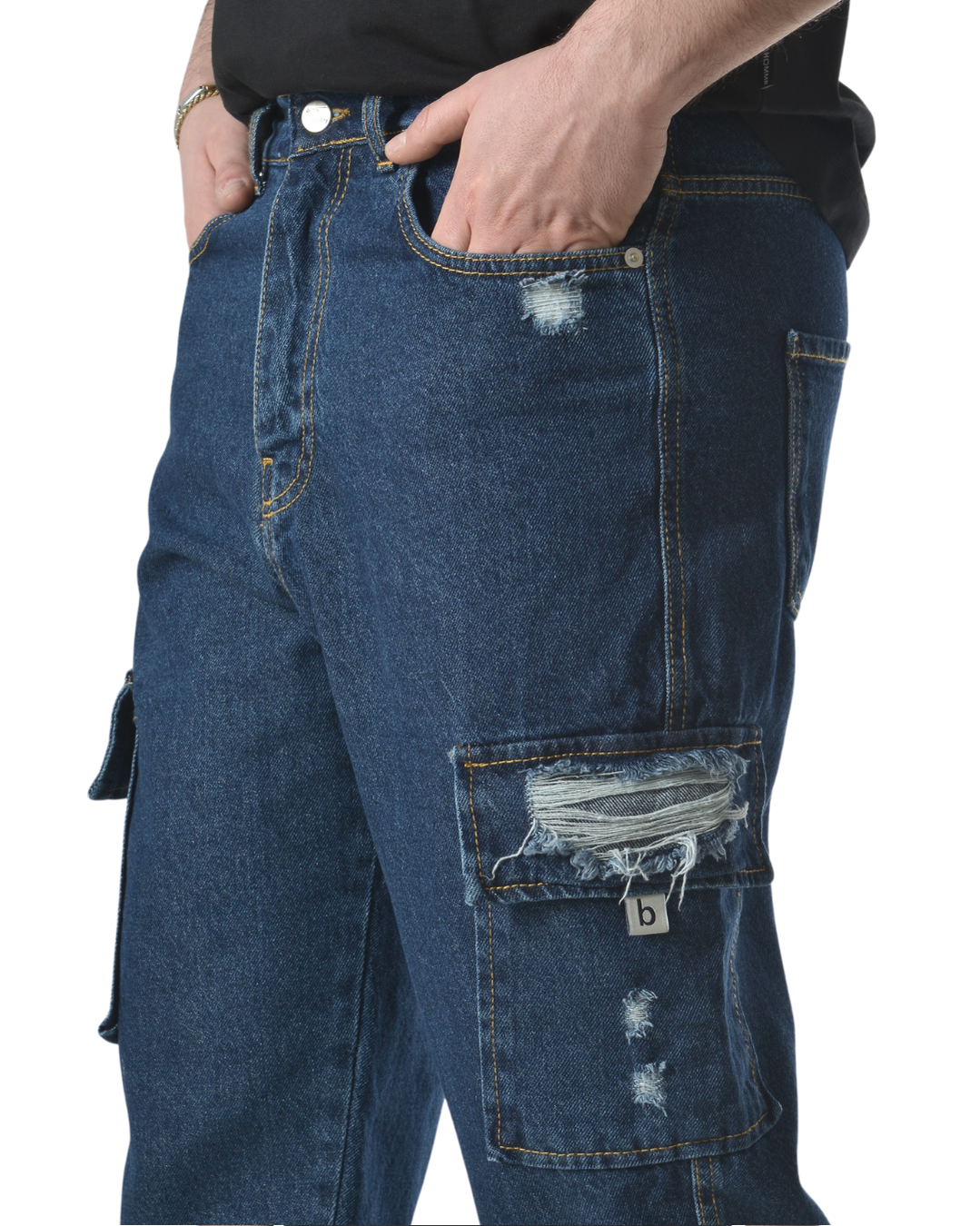 Jeans cargo art ga/2506 loose fit denim blu scuro con rotture