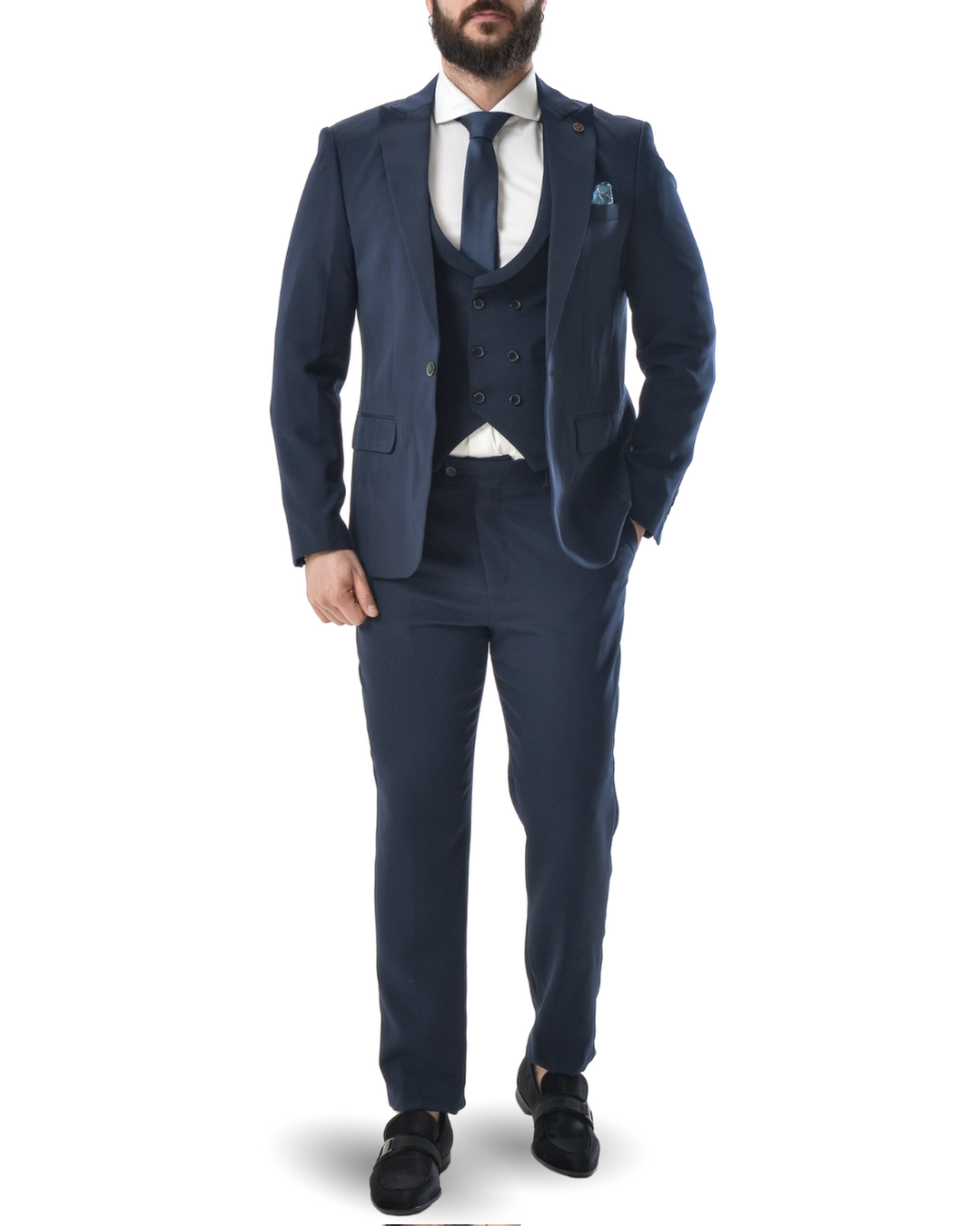 Abito completo giacca pantalone e gilet blu scuro monaco