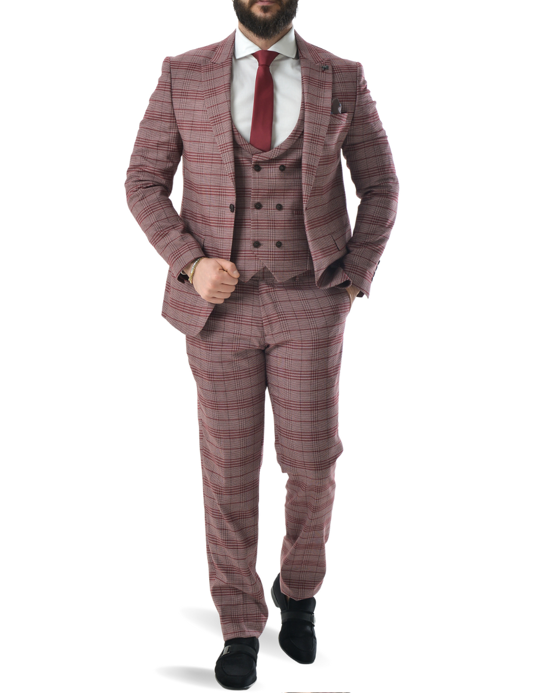 Abito completo giacca pantalone e gilet rosso quadro dandy